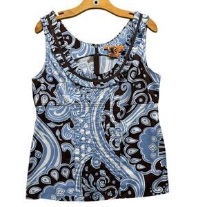 Tory Burch Women Sleeveless Top Blue Brown Ruffles Back Zip 12 Resort Cruise